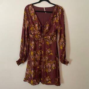 Free People Purple Floral Polka Dot Boho Fairy Whimsy Mini Dress Long Sleeve 8